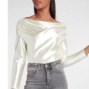 Express Satin Draped off Shoulder White Top, Sz M